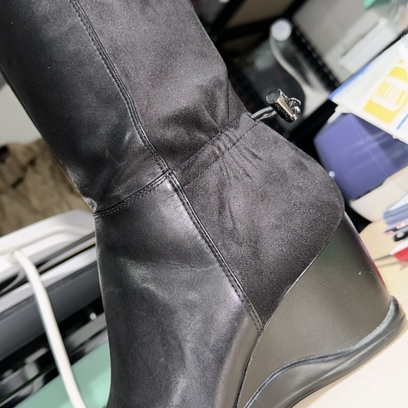 Calvin Klein boots Isila black stretch leather wedge size 7 tall boot moto boho - Picture 2 of 7